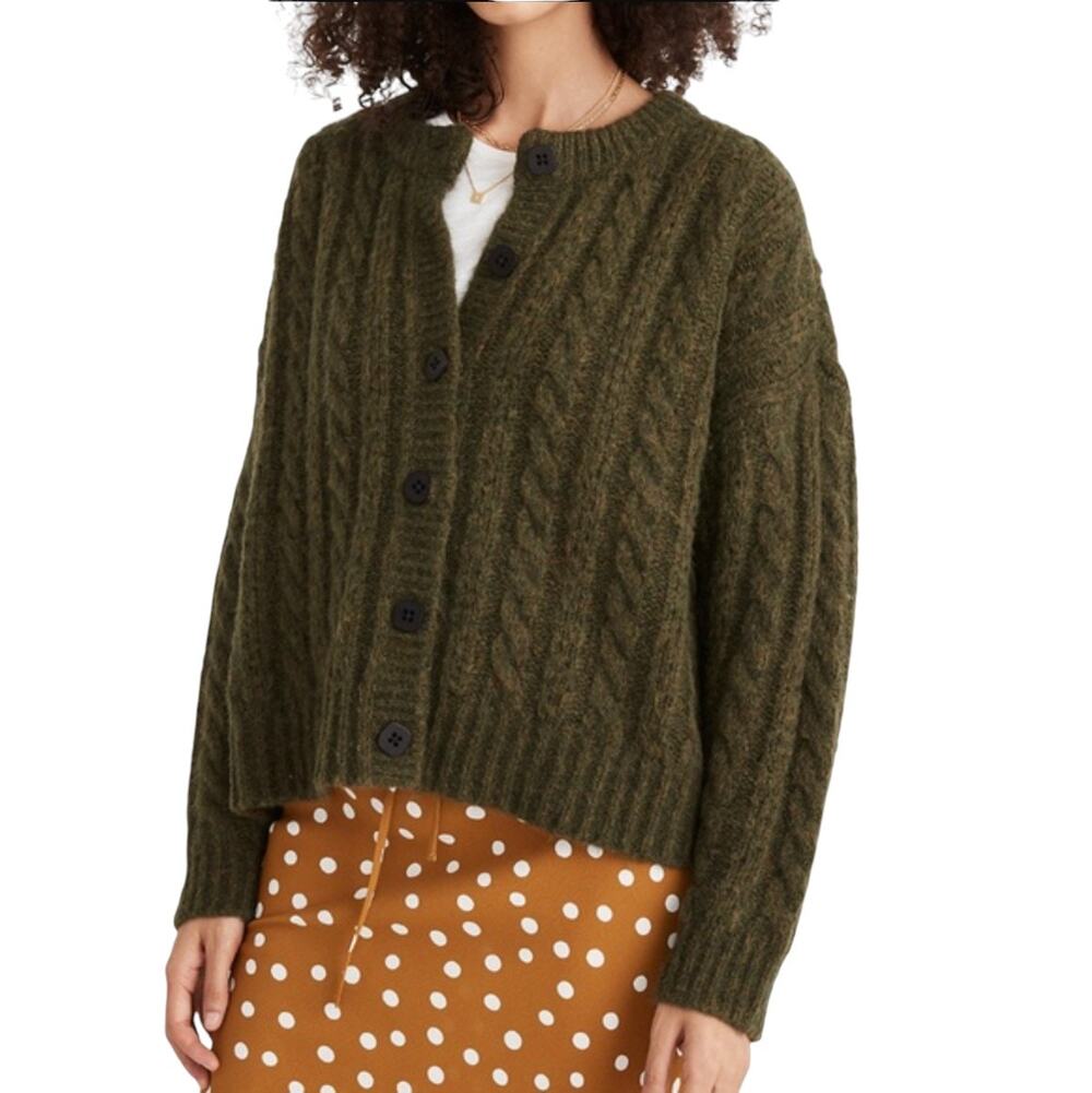 Madewell Basil Green Pointelle Cable Cardigan Sweater